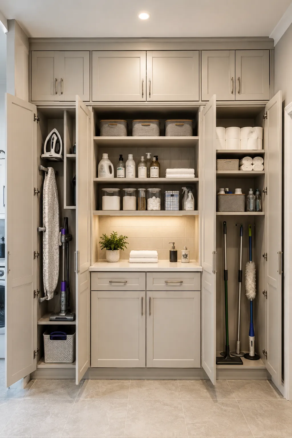 Floor to ceiling laundry room storage wall with tall cabinets for an ironing board, vacuum, mop, and cleaning tools, plus organized shelves for detergent, towels, baskets, household supplies, lower cabinets, and a central laundry work counter.