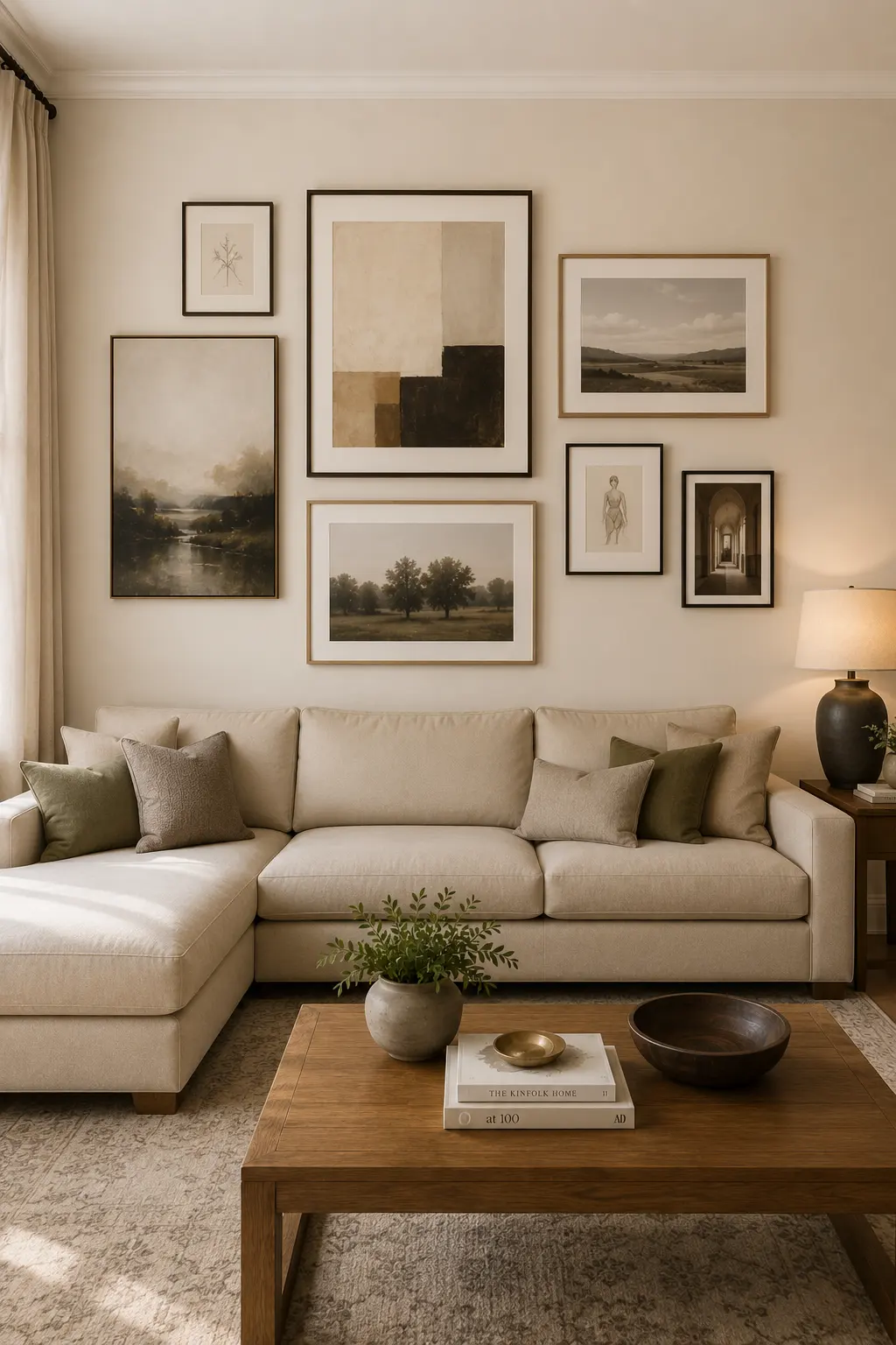 Curated living room gallery wall featuring an asymmetrical arrangement of landscape paintings, abstract art, photography, and delicate sketches in varied black, bronze, and wood frames above a large neutral sectional sofa.
