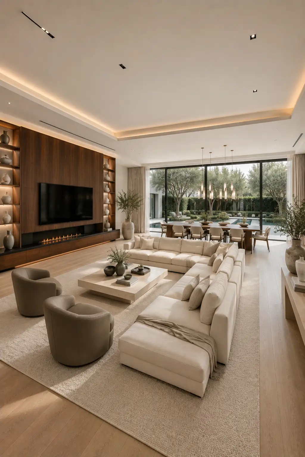 Seamless indoor outdoor open layout living room dining room featuring expansive sliding glass doors, luxury walnut media wall, oversized sectional sofa, elegant dining space, landscaped garden views, warm neutral interiors, oak flooring, premium lighting, and stylish contemporary home decor.