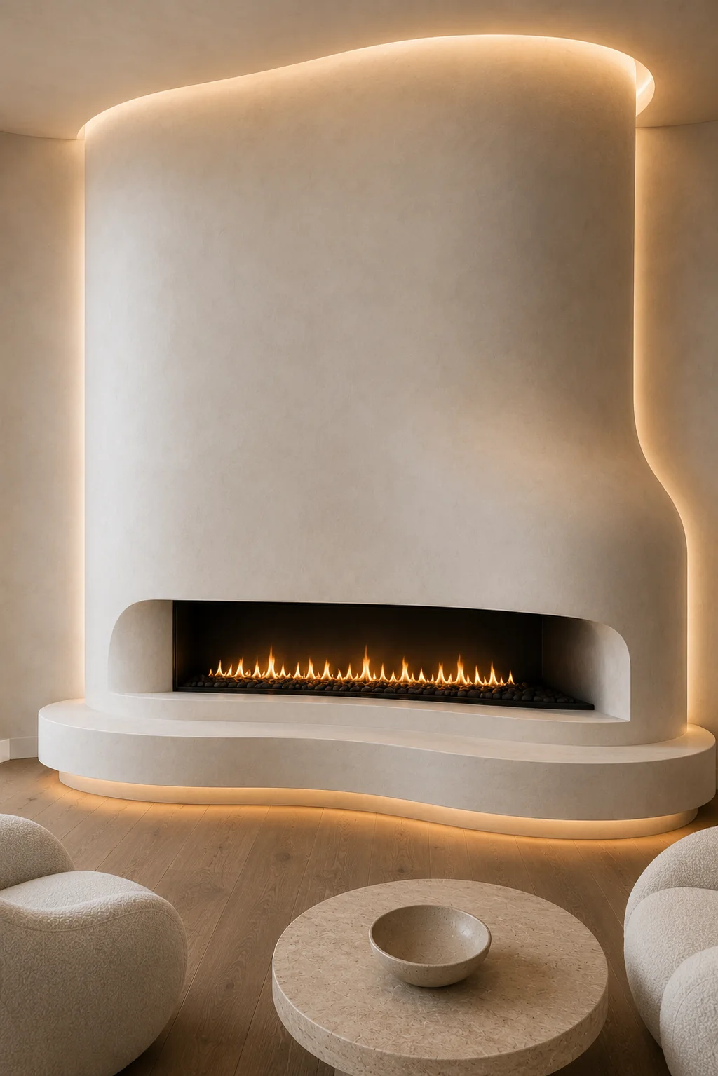 Sculptural curved plaster fireplace wall featuring a seamless organic design, recessed linear fireplace, floating curved hearth, concealed warm LED lighting, soft neutral furniture, and a luxurious contemporary living room with artistic architectural styling.