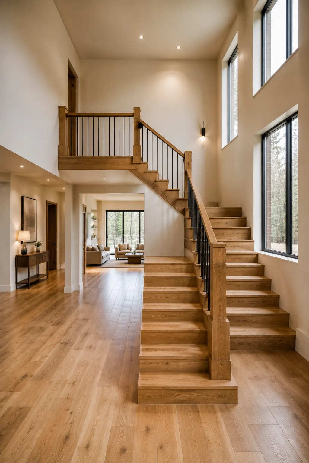 Real modern home featuring an L shaped oak staircase with two straight flights connected by a corner landing, warm natural wood steps, chunky timber posts, substantial wooden handrails, slim black metal balusters, matching oak flooring, large windows, and Minecraft inspired geometric design.