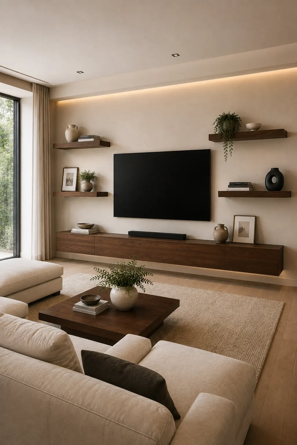 Modern TV wall featuring multiple walnut floating shelves arranged on both sides of a large wall-mounted television, creating a balanced contemporary entertainment wall. The shelves are positioned at varied heights and styled with neutral ceramic vases, framed artwork, stacked books, black sculptural decor, and small plants while maintaining clear space around the screen. A long walnut media console, cream sectional sofa, textured neutral rug, dark wood coffee table, and warm recessed lighting complete the polished living room.
