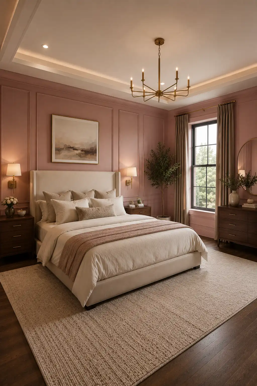Elegant modern bedroom featuring soft muted blush pink painted walls with sophisticated decorative panel molding, a large cream upholstered bed dressed in layered ivory and blush-toned bedding, dark walnut nightstands, warm brass wall sconces and chandelier, taupe floor-to-ceiling curtains, a large textured neutral rug, dark hardwood flooring, framed neutral artwork, decorative greenery, and warm natural lighting creating a romantic yet sophisticated luxury bedroom.