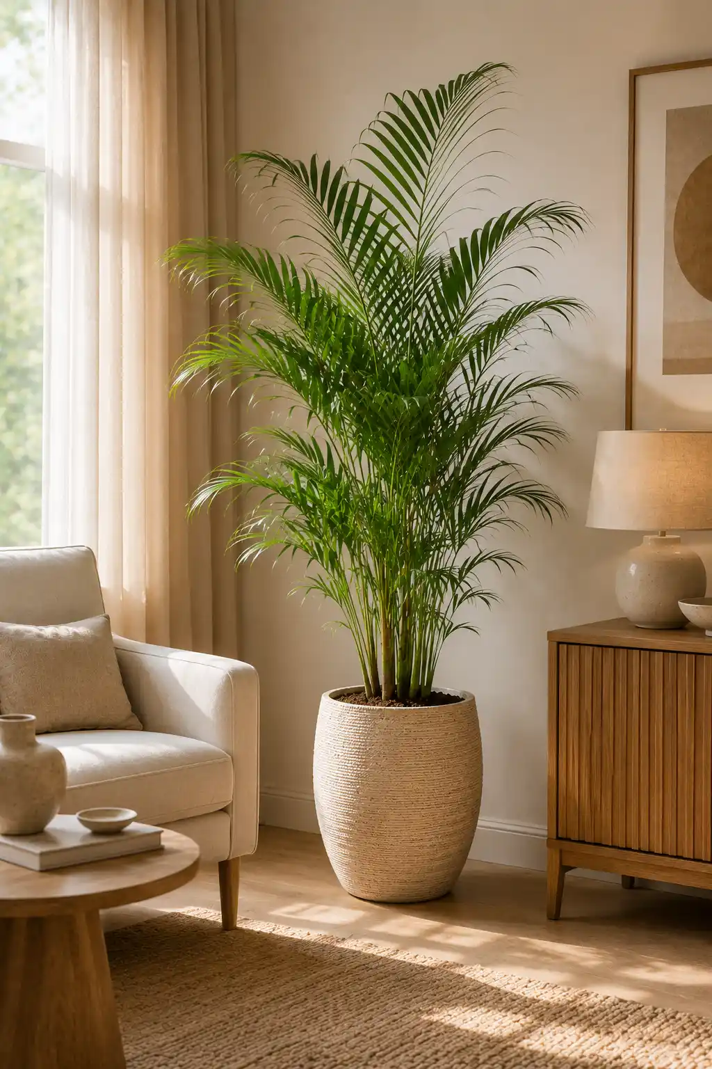 Tall Parlor Palm with multiple slender stems and graceful arching green fronds in a large textured neutral planter beside a cream accent chair, wooden cabinet, round coffee table, soft rug, warm curtains, and bright natural window light.