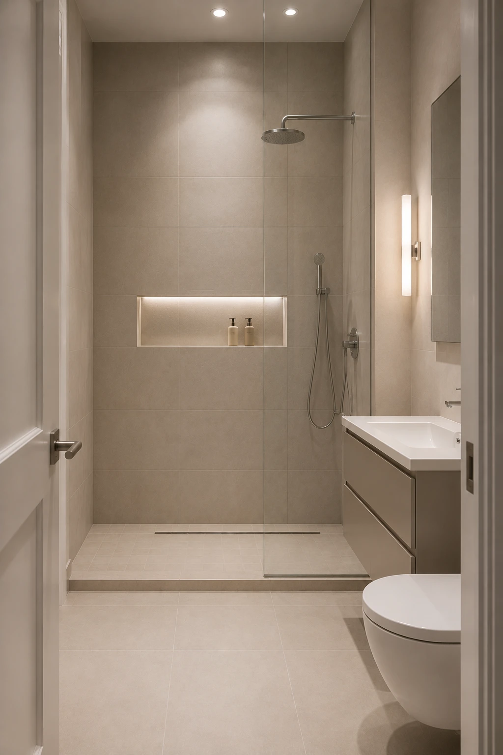 Narrow contemporary bathroom featuring large format warm greige shower tiles extending continuously from the floor all the way to the ceiling. The compact shower includes clear frameless glass, a recessed illuminated niche, minimalist rainfall shower, linear drain, floating vanity, wall mounted toilet, and warm architectural lighting for a tall and luxurious bathroom design.