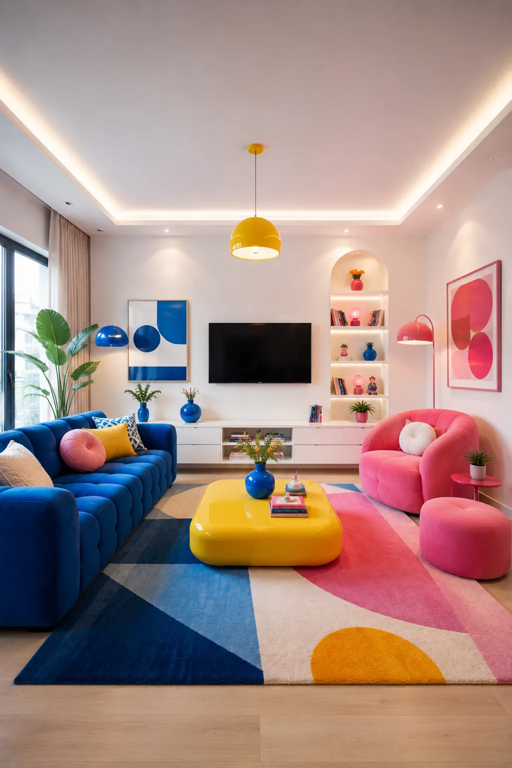 Bright Toca Boca inspired living room featuring a deep blue curved sectional sofa and soft pink rounded lounge chair positioned opposite each other, glossy yellow rectangular coffee table, large multicolor geometric area rug, blue and pink abstract wall artwork, white media console, arched illuminated shelving, colorful cushions, yellow pendant light, pink accent ottoman, blue decorative vases, and modern playful furniture captured in a complete wide angle room view.