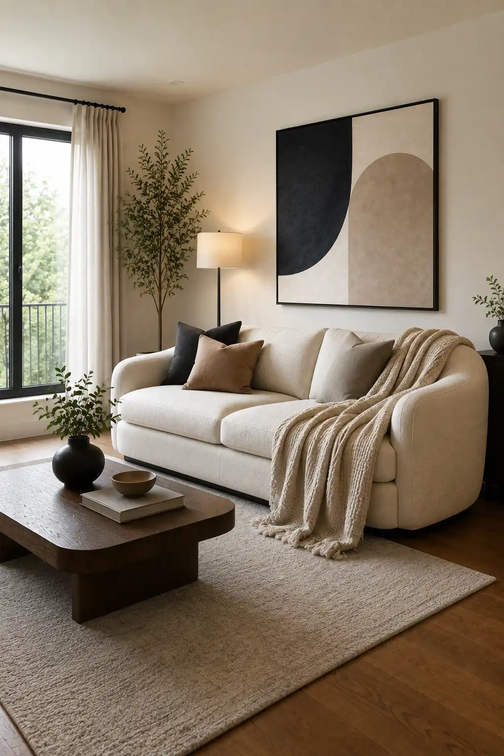 Elegant modern living room featuring a cream curved sofa layered with neutral pillows and a textured beige throw blanket casually draped over the arm, paired with a dark wood coffee table, abstract geometric wall art, soft area rug, indoor greenery, and warm ambient lighting.