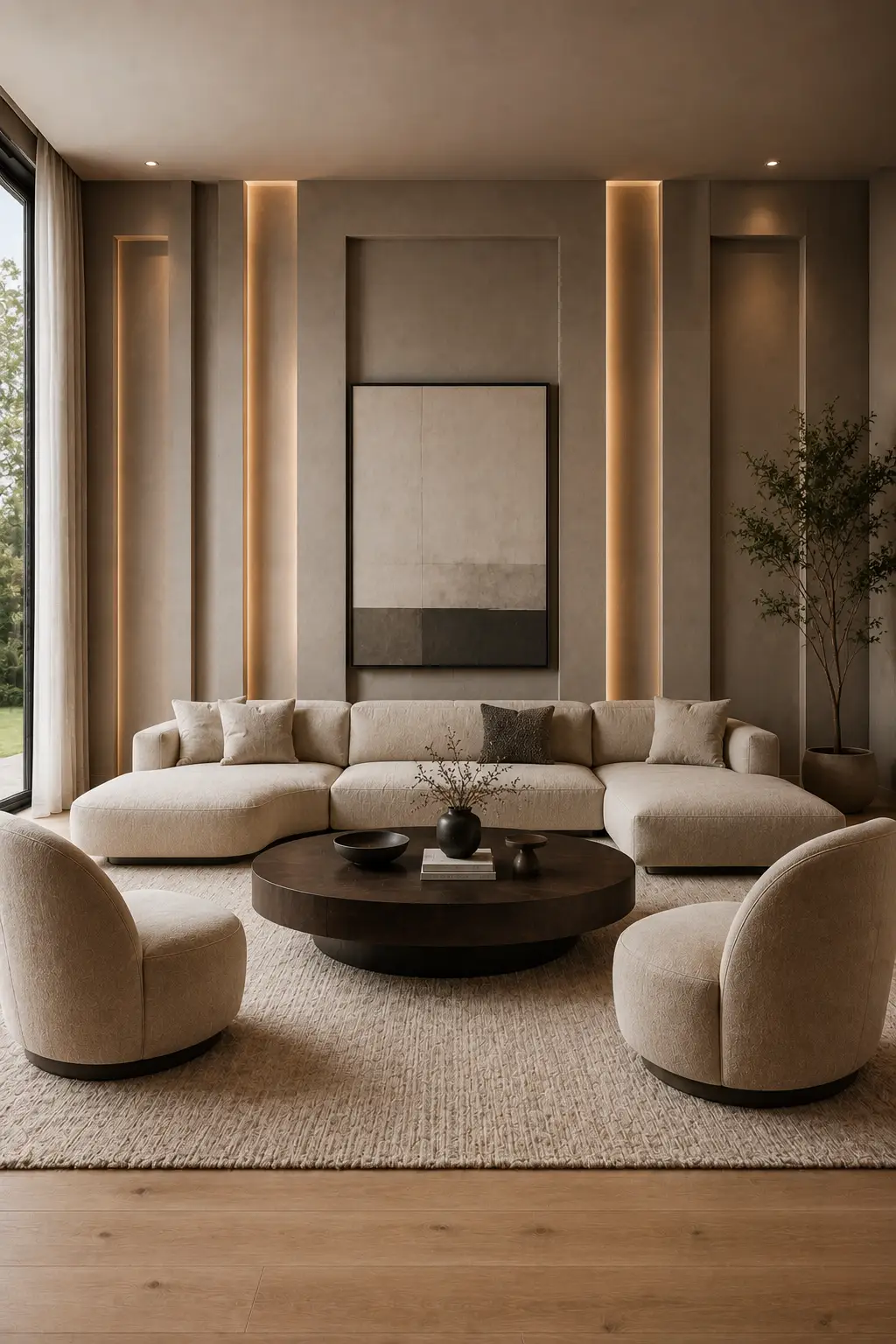 Refined modern living room featuring a sophisticated warm greige accent wall with deep recessed architectural sections, vertical illuminated niches, large minimalist abstract artwork, curved ivory sectional sofa, matching rounded lounge chairs, dark walnut circular coffee table, oversized neutral textured rug, warm wood flooring, and elegant luxury interior decor.