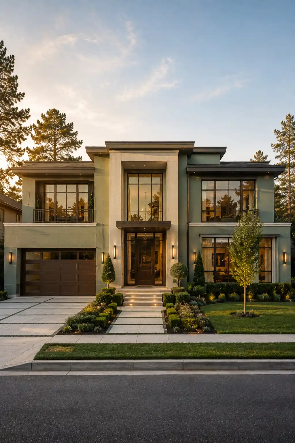Luxury contemporary home with muted sage green exterior paint, warm cream architectural sections, charcoal accents, black framed windows, dark entrance door, modern geometric facade, manicured lawn, structured landscaping, and subtle warm exterior lighting.