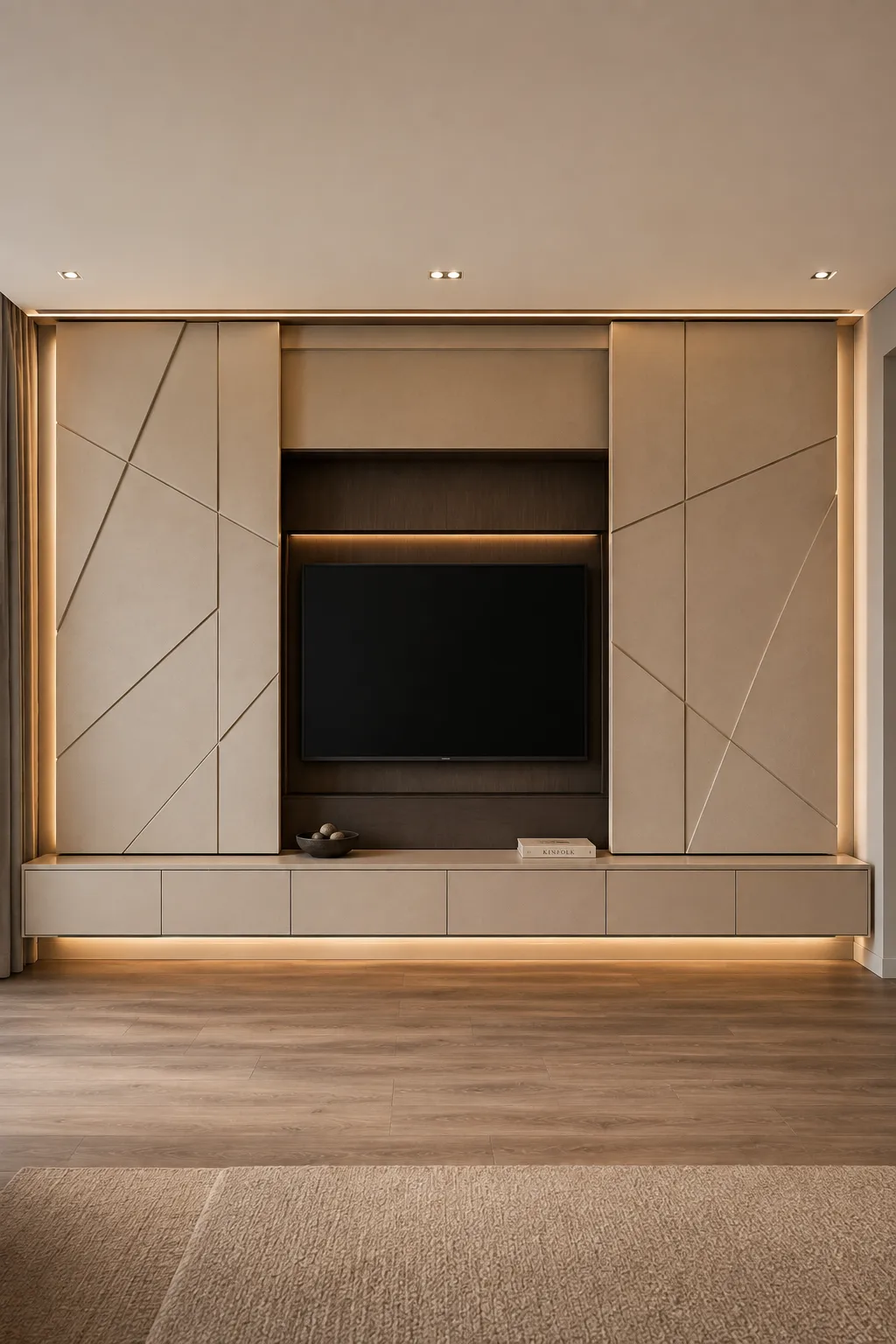 Modern TV wall with tall concealed storage doors featuring subtle geometric grooves, a dark recessed television zone, warm integrated lighting, flush handle free cabinetry, and a long floating drawer unit designed to blend practical storage into the architecture.