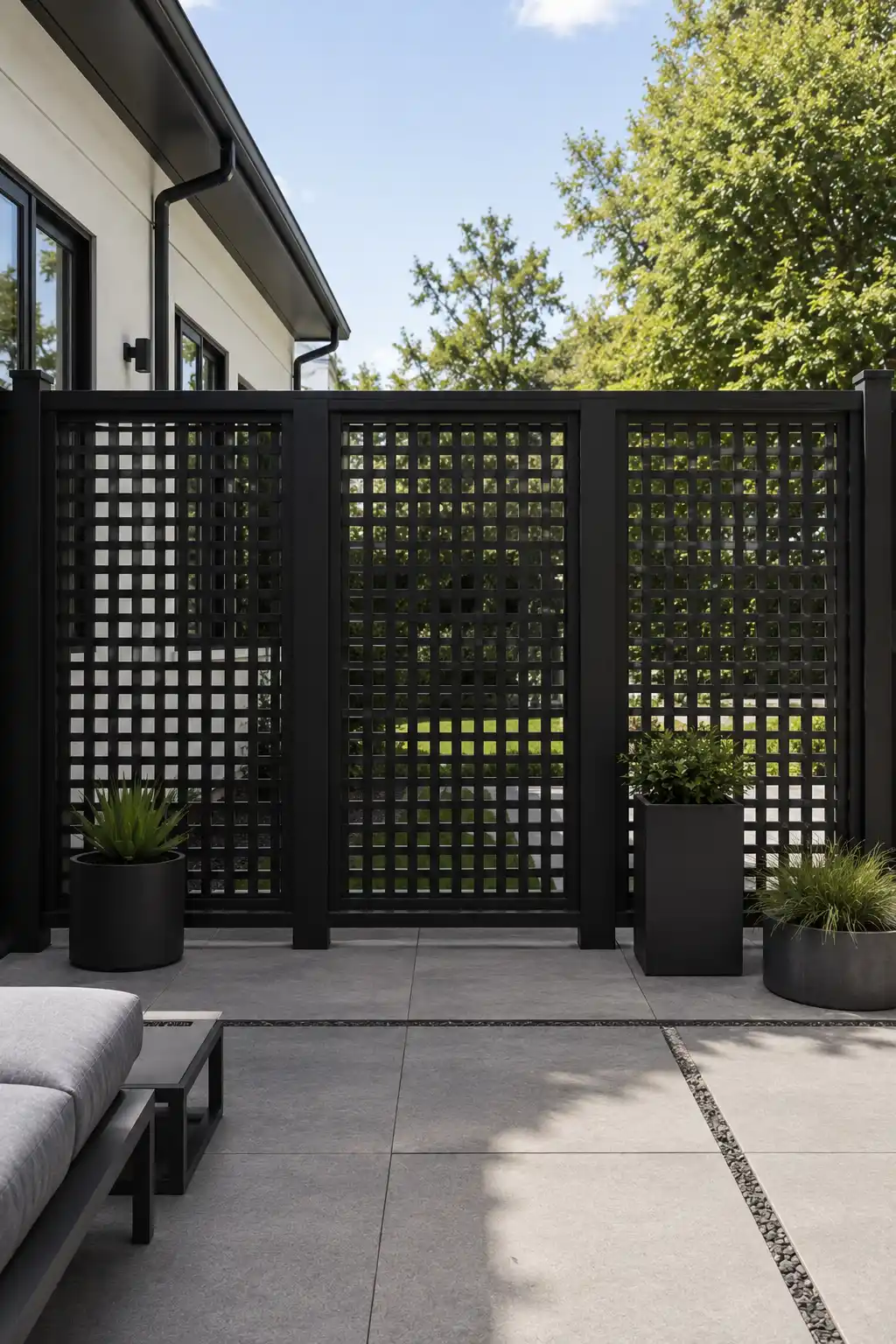 Modern black lattice privacy fence with evenly spaced square openings across framed panels, creating a stylish semi-private outdoor boundary while allowing light and greenery to show through around a contemporary backyard patio.