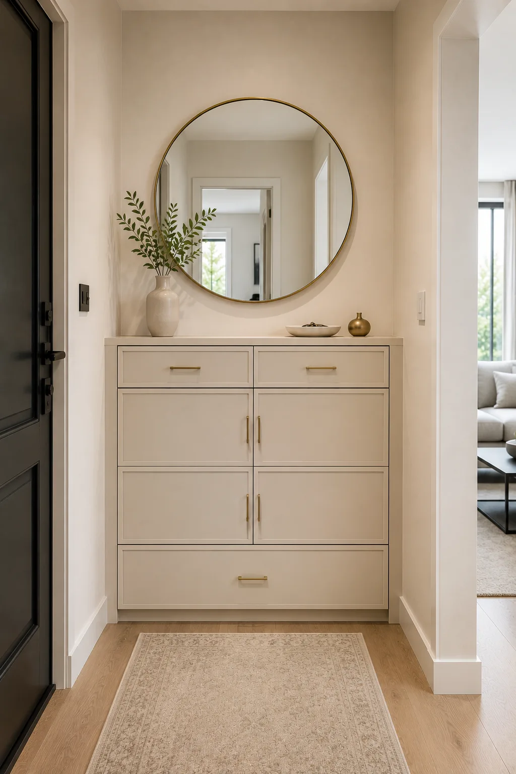 Highly organized small entryway featuring a full wall cream storage cabinet with multiple drawers and enclosed compartments, large round brass framed mirror above the cabinet, ceramic vase with leafy branches, shallow decorative bowl, small metallic accent, warm cream walls, natural oak flooring, neutral patterned runner, concealed shoe and accessory storage, and polished contemporary entryway decor maximizing limited space.