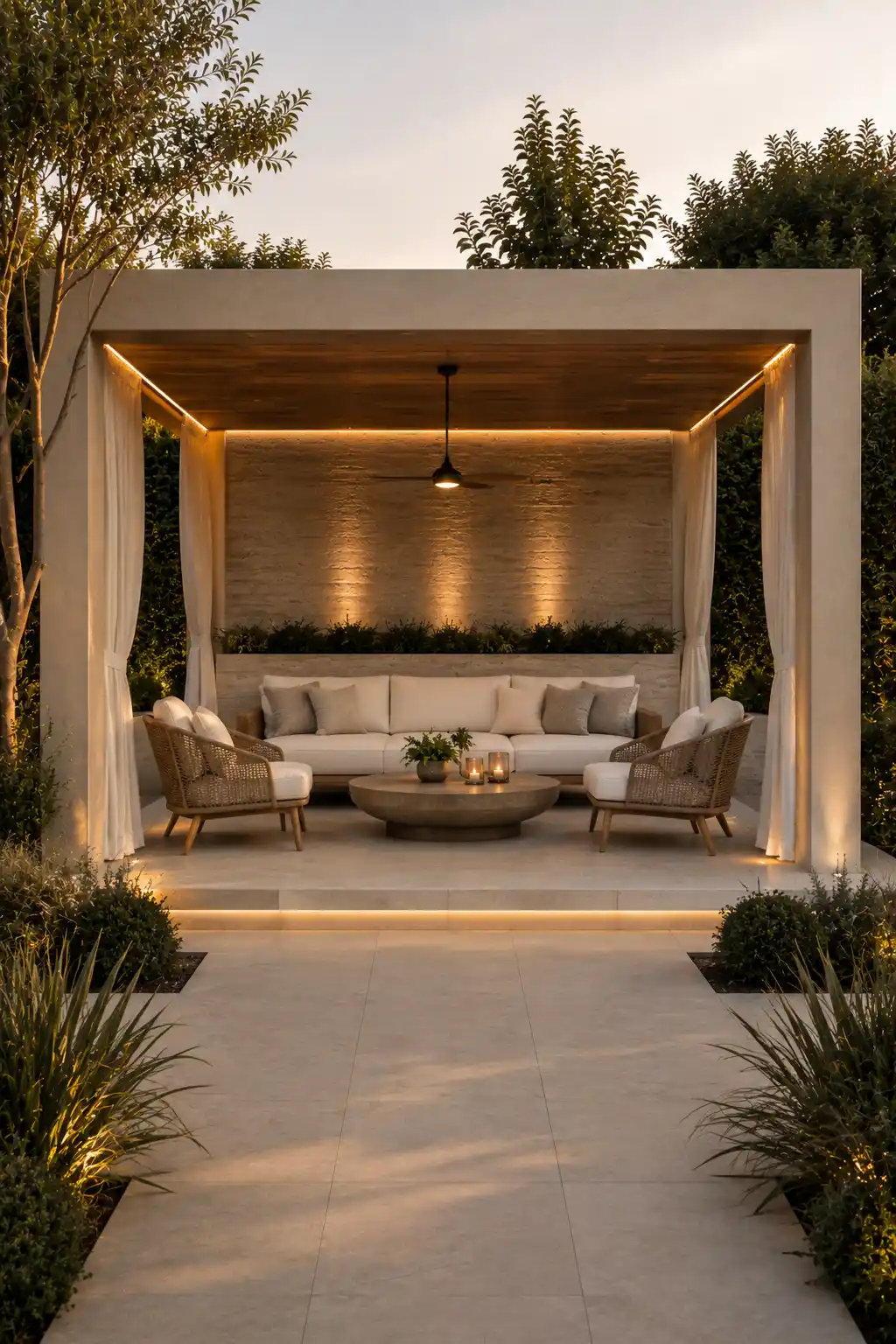 Modern backyard cabana with a large cream sofa, woven lounge chairs, round stone coffee table, flowing white curtains, warm wood ceiling, textured feature wall, concealed LED lighting, illuminated steps, and lush landscaped garden beds surrounding the outdoor lounge.