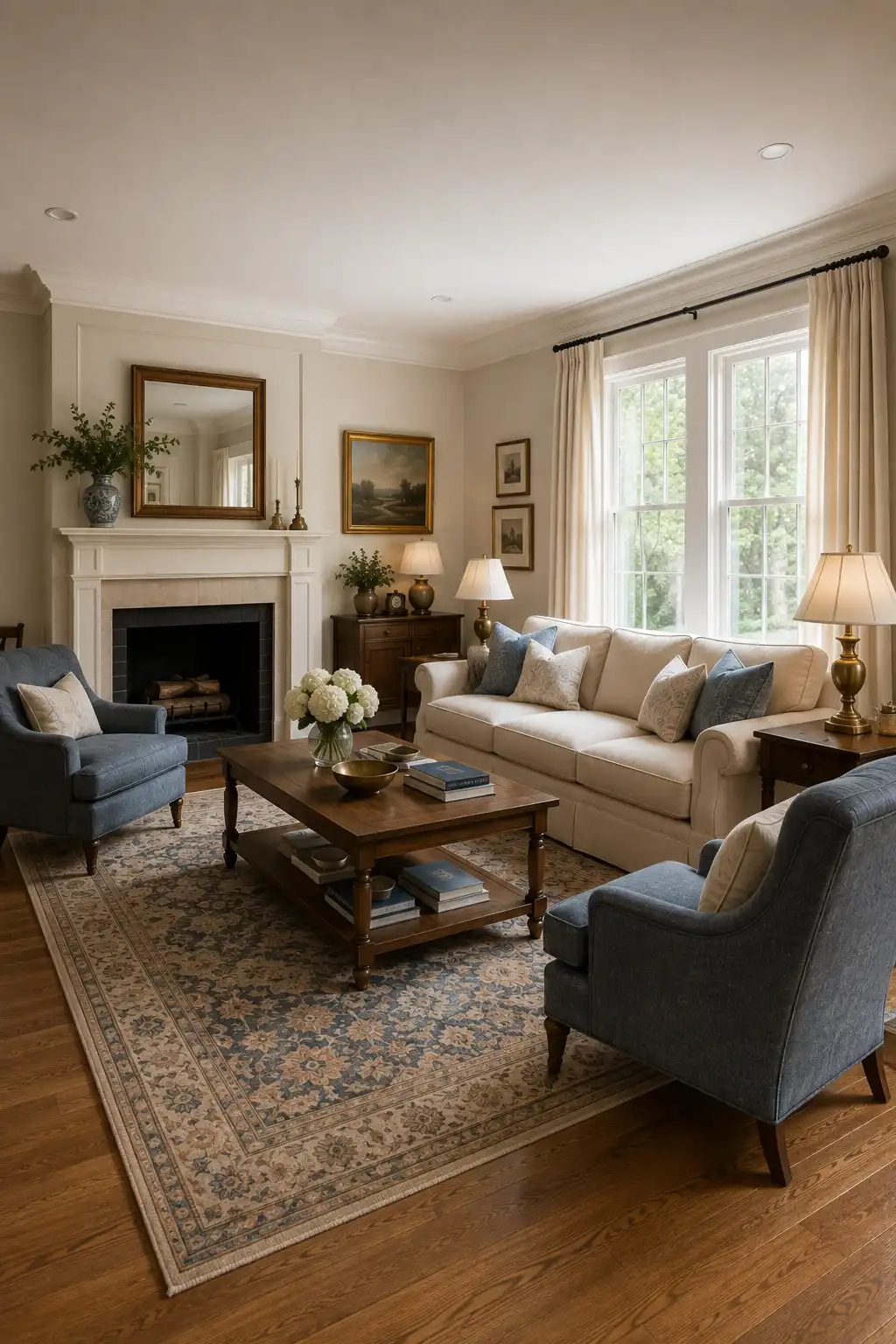 Refined Joanna Gaines inspired living room featuring a cream sofa paired with dusty blue upholstered armchairs, classic white fireplace, antique style wood coffee table, blue and beige patterned area rug, brass table lamps, vintage landscape artwork, warm wood flooring, and elegant traditional accents.