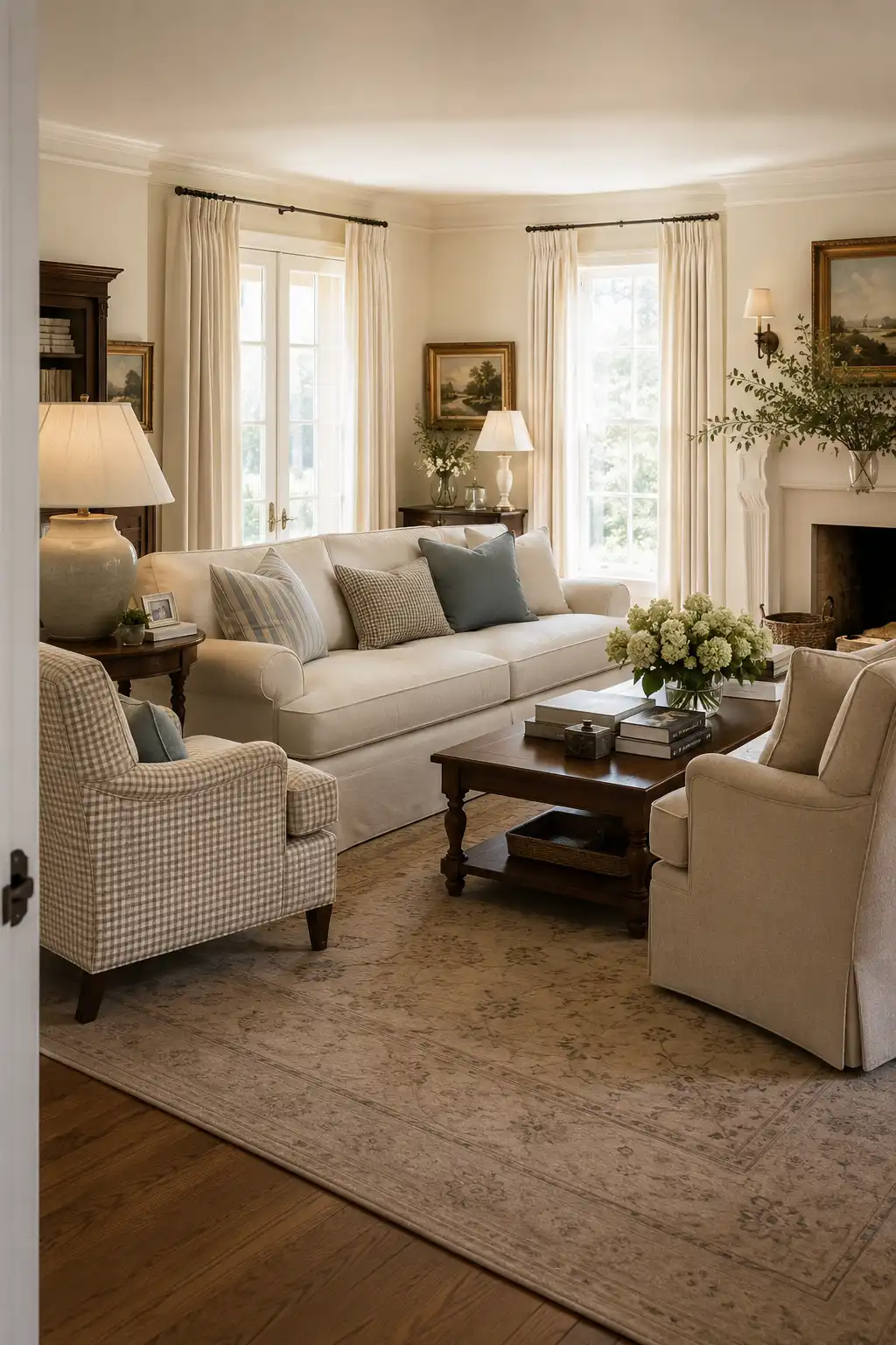 Nancy Meyers inspired living room mixing small scale patterns with a cream sofa, checked accent chair, striped and muted blue pillows, neutral armchair, traditional patterned rug, dark wood coffee table, fresh flowers, classic artwork, and flowing ivory curtains.