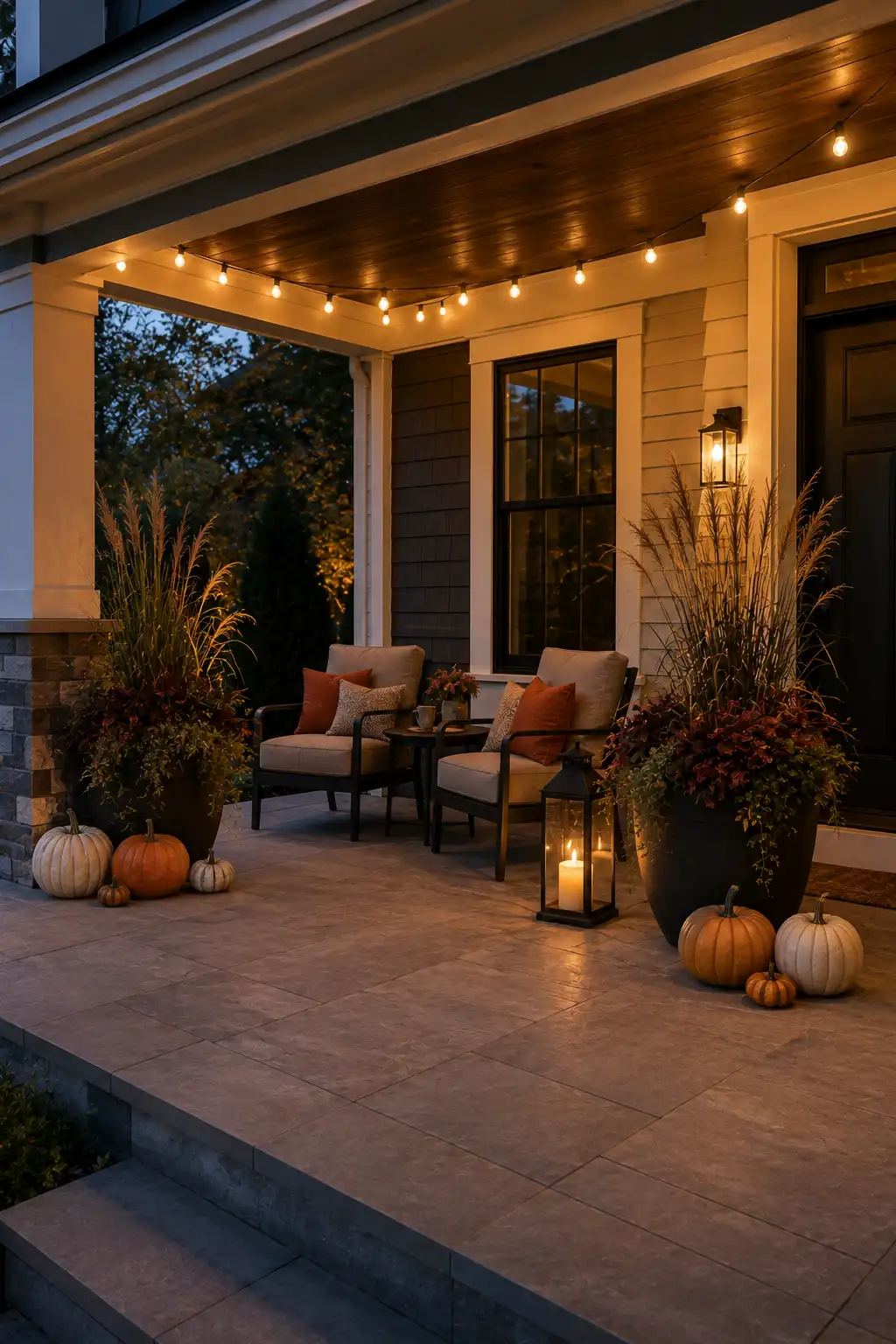 Modern fall porch decor at dusk featuring warm string lights, comfortable outdoor chairs with burnt orange cushions, oversized planters filled with ornamental grasses and burgundy foliage, black lanterns, and grouped pumpkins around the entrance.
