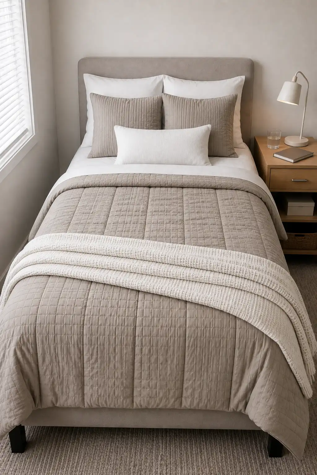 Stone taupe dorm bedding idea featuring a finely quilted taupe comforter, matching textured pillows, crisp white sheets, a clean white lumbar cushion, and a chunky woven white throw layered across a simple and polished college dorm bed.