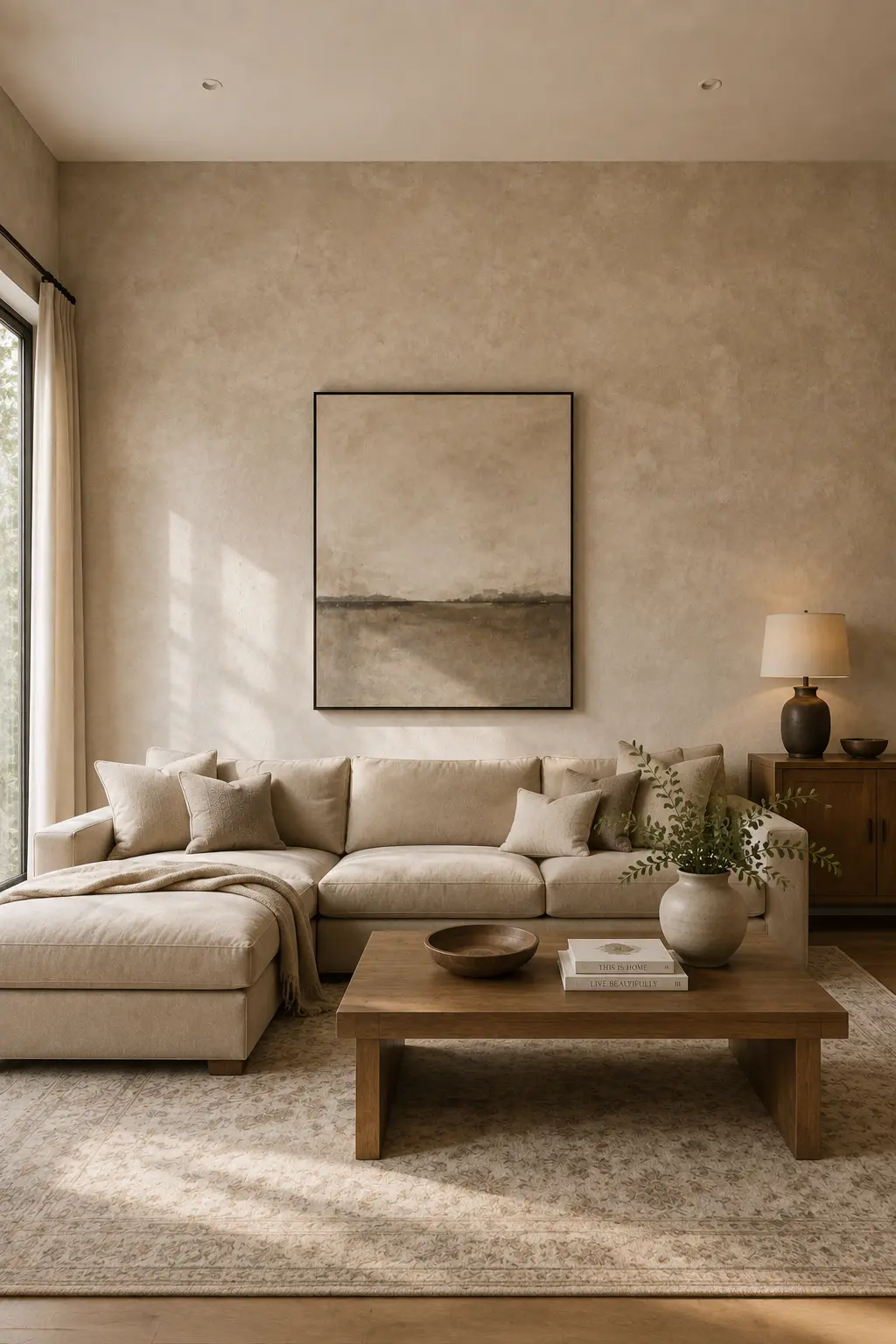 Sophisticated living room wall decor featuring a warm beige textured feature wall with subtle tonal variation, one large minimalist artwork, a cream sectional sofa, warm wood furniture, and soft natural daylight.