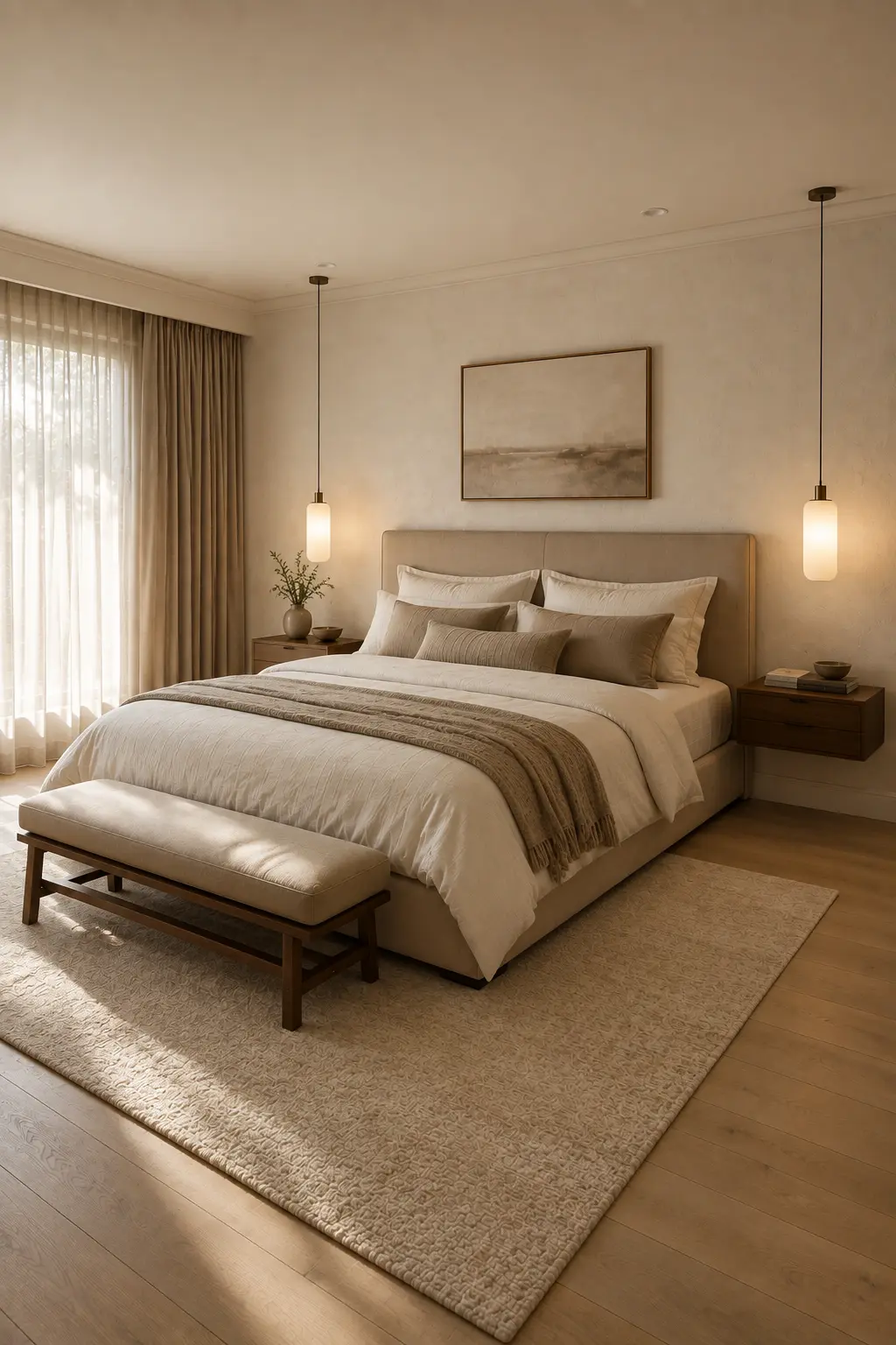 Modern adult bedroom featuring sleek hanging bedside pendant lights, floating wooden nightstands, cream upholstered bed, layered beige and ivory bedding, upholstered end bench, textured neutral rug, floor length curtains, and clean contemporary bedroom styling.
