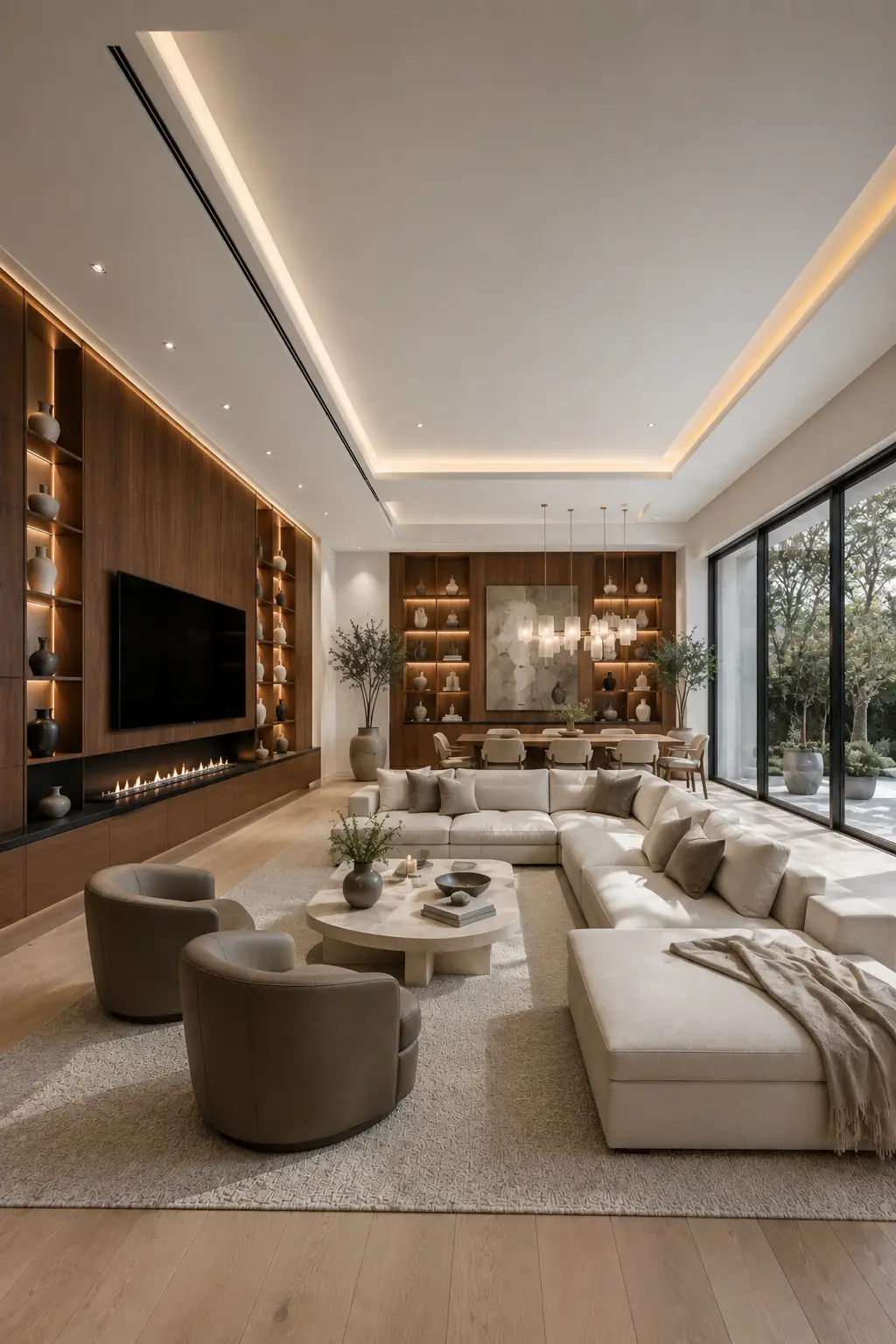 Luxury hotel inspired open layout living room dining room with a custom walnut feature wall, illuminated shelving, sleek fireplace, oversized sectional sofa, elegant dining table, layered architectural lighting, floor to ceiling windows, premium furnishings, warm neutral palette, and sophisticated contemporary interior design.