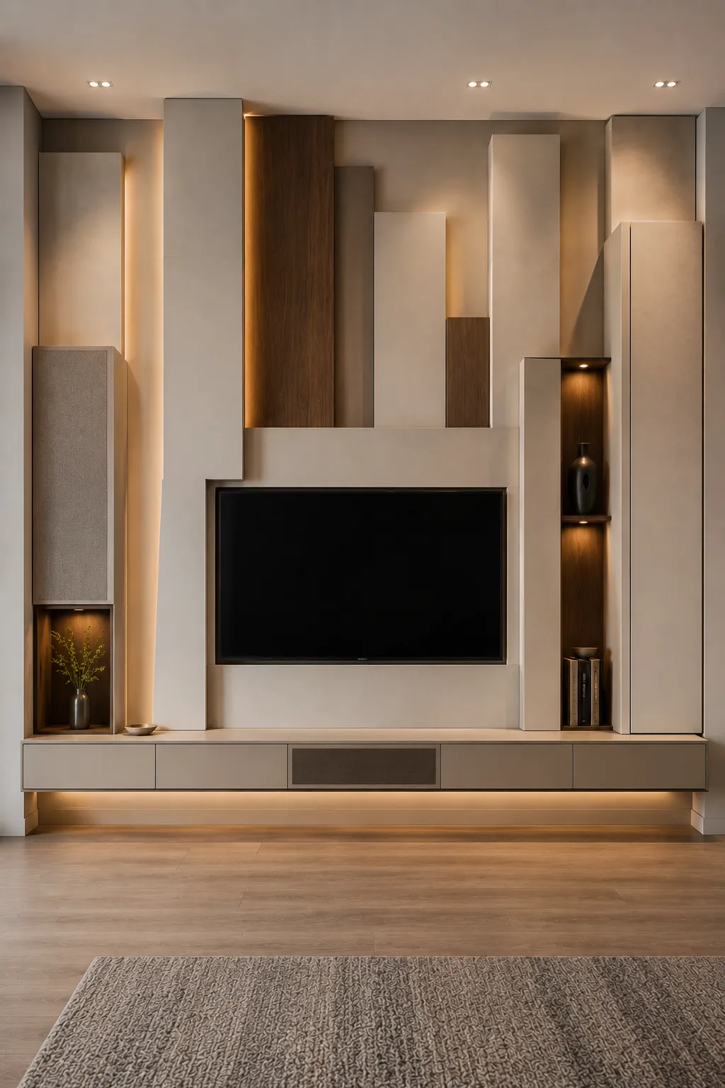 Statement TV wall featuring staggered vertical architectural towers rising around a recessed television, with contrasting warm wood panels, illuminated shadow gaps, narrow display niches, concealed floating storage, and layered three dimensional forms for a dramatic modern interior.