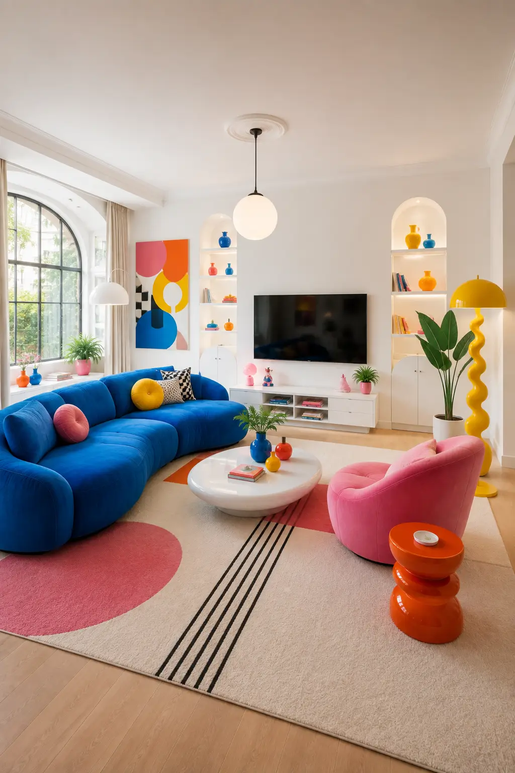 Colorful Toca Boca inspired living room featuring a rich cobalt blue curved sectional sofa, rounded blush pink lounge chair, white sculptural coffee table, cream area rug with pink circular shapes and black linear details, bright yellow sculptural floor lamp, orange stacked side table, colorful abstract wall artwork, arched display shelving, blue and yellow decorative vases, indoor plants, large arched windows, and modern playful furniture shown in a full room composition.