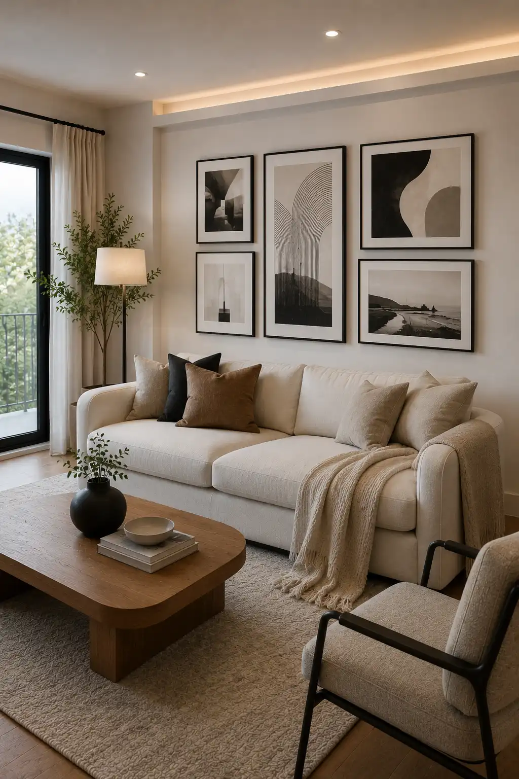 Sophisticated modern living room featuring a large gallery wall arranged with coordinated black frames and a mix of abstract artwork and minimalist photography above a cream sofa, complemented by a warm wood coffee table, neutral textured rug, floor lamp, and indoor greenery.