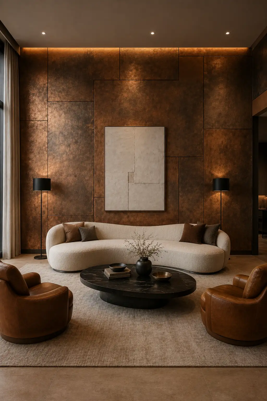 Ultra luxurious contemporary living room featuring a full burnished bronze accent wall with large irregular architectural panels, hand finished metallic texture, warm concealed LED lighting, oversized neutral abstract artwork, curved cream sofa, rich caramel leather lounge chairs, black sculptural coffee table, soft beige rug, and dramatic warm luxury interior styling.