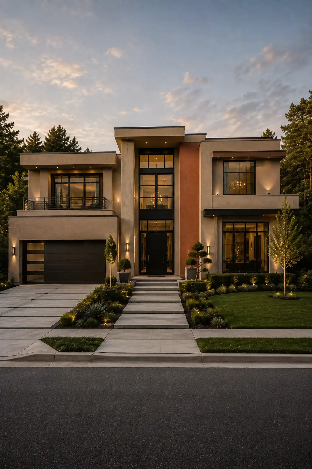 Luxury modern home with warm sandstone beige exterior paint and a restrained muted terracotta accent wall, black framed windows, dark roofline, contemporary entrance, sleek garage, geometric facade, manicured landscaping, concrete pathways, and warm architectural lighting.