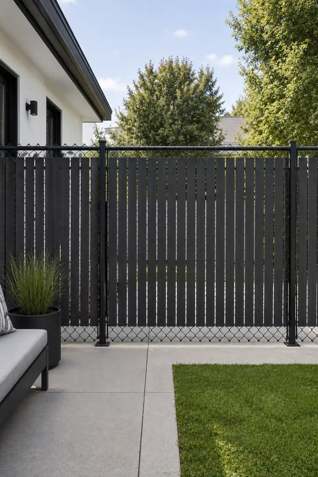 Contemporary chain link and vertical slat fence combining a dark metal diamond mesh structure with closely spaced charcoal boards, creating a practical modern privacy barrier beside a concrete patio, green lawn, planter, and modern home.