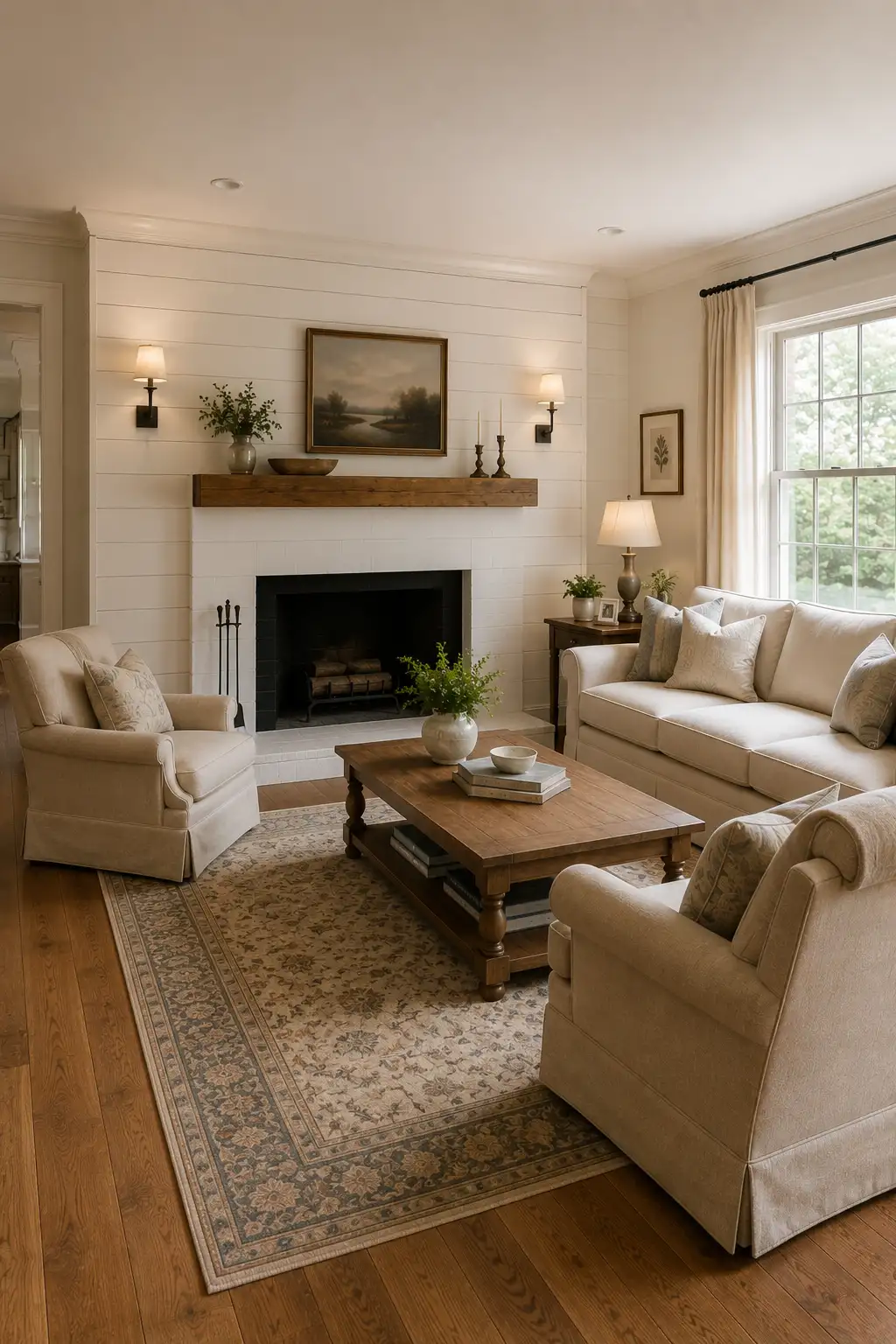 Joanna Gaines inspired living room featuring a white shiplap fireplace wall, chunky natural wood mantel, creamy sofa and armchairs, rustic square coffee table, traditional patterned area rug, warm hardwood flooring, neutral curtains, vintage landscape artwork, and understated farmhouse accessories.