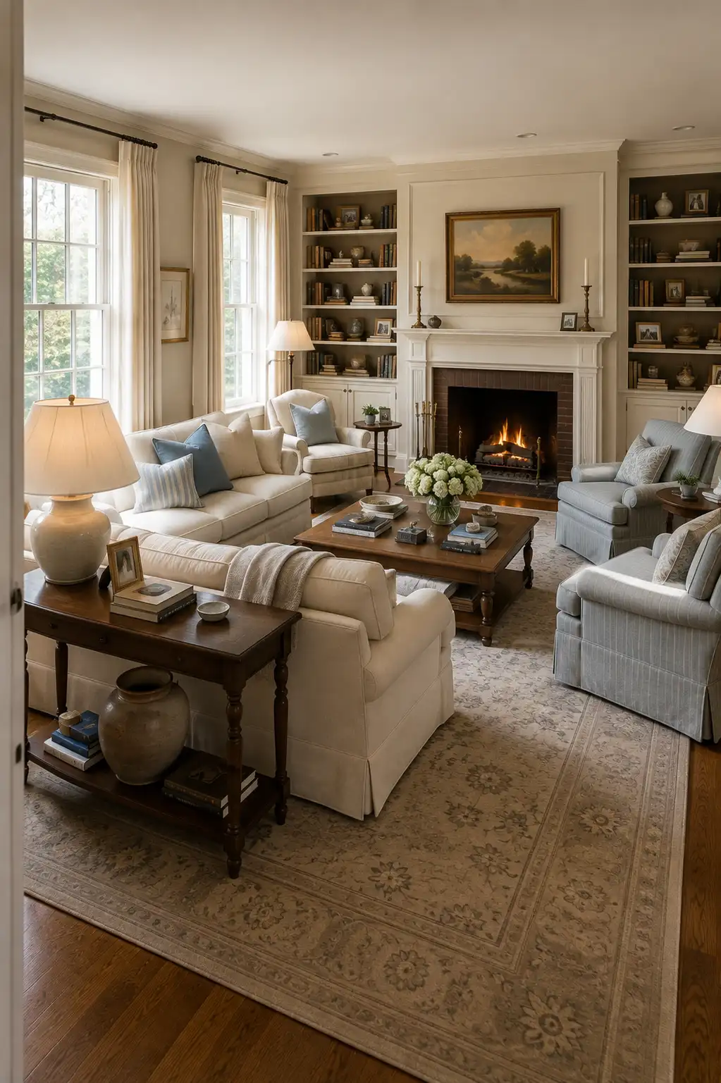 Layered Nancy Meyers inspired living room with cream sofas, pale blue armchairs, classic fireplace, built in bookshelves, dark wood coffee and console tables, traditional patterned rug, ceramic lamps, landscape artwork, fresh flowers, and tall sunlit windows.