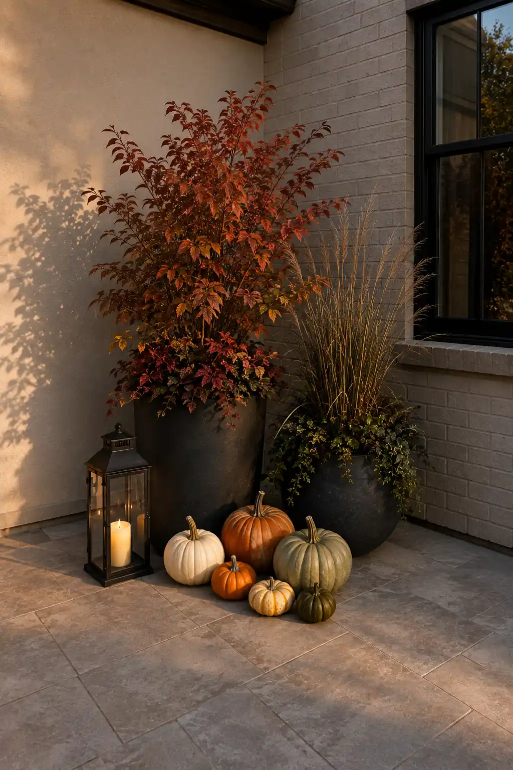 Sophisticated outdoor fall decor for an empty porch corner featuring oversized black planters with copper autumn foliage and ornamental grasses, layered orange, cream, green, and golden pumpkins, plus a tall black lantern glowing beside the arrangement.