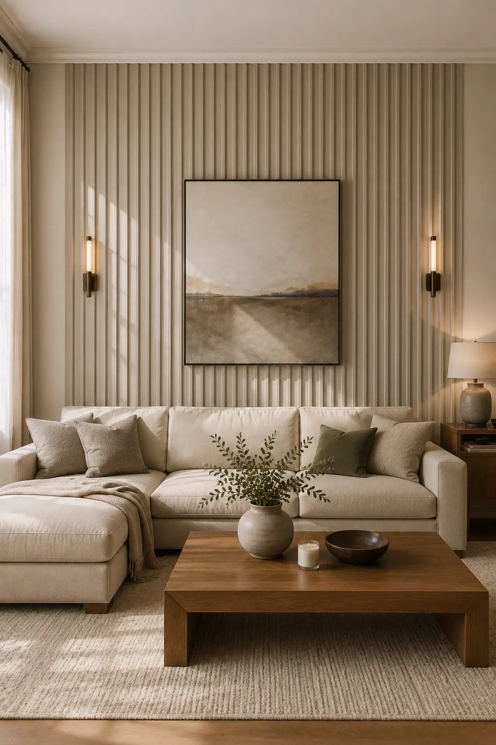 Modern living room wall decor featuring floor to ceiling neutral fluted wall panels, oversized framed artwork centered above a cream sectional sofa, and slim symmetrical sconces creating depth and architectural rhythm.
