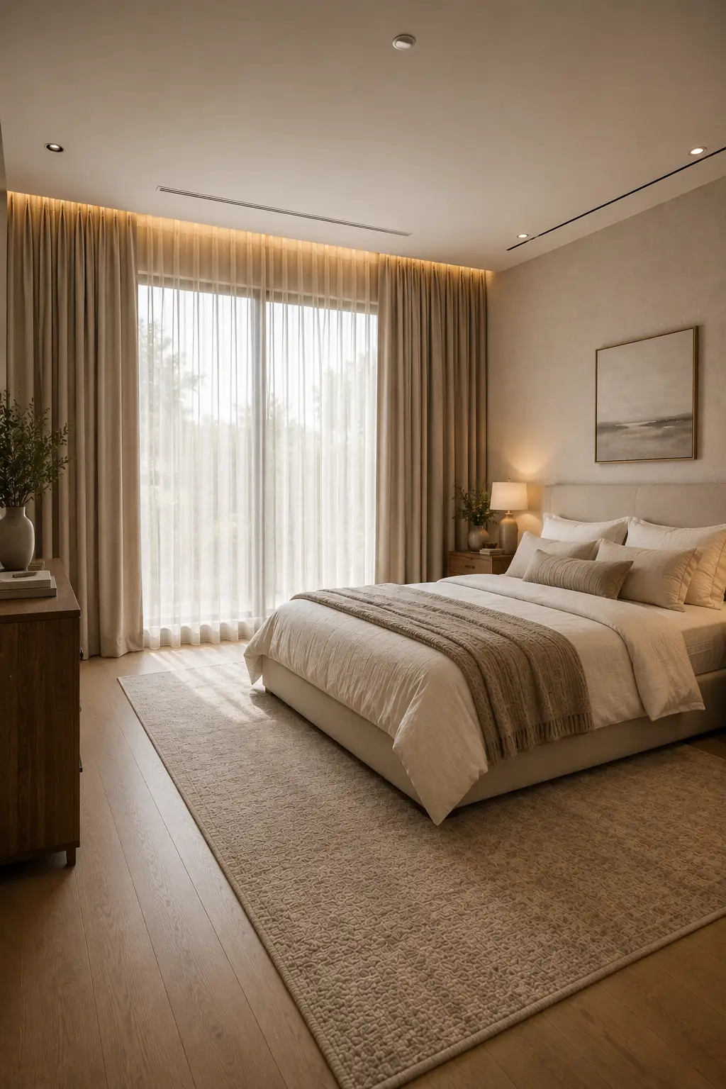 Bright modern adult bedroom with floor to ceiling layered curtains, sheer white panels, heavier taupe drapes, large windows, cream upholstered bed, layered neutral bedding, warm wood furniture, textured area rug, and subtle ceiling lighting above the curtains.