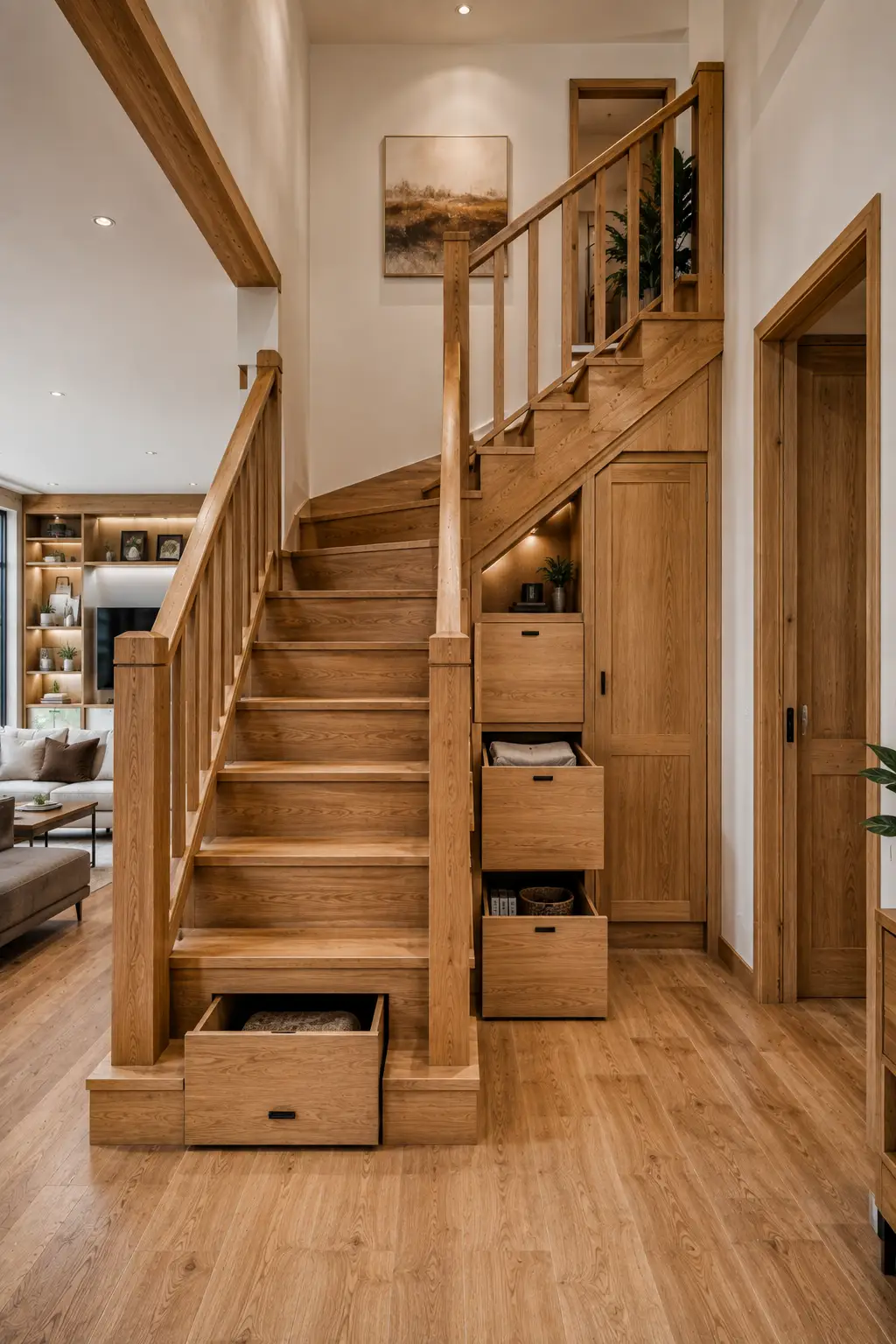 Practical real home staircase with warm oak wooden steps, oversized timber posts, built in pullout storage drawers beneath and beside the stairs, matching wood cabinetry, integrated shelving, concealed storage compartments, wood flooring, and Minecraft inspired chunky rectangular staircase geometry.