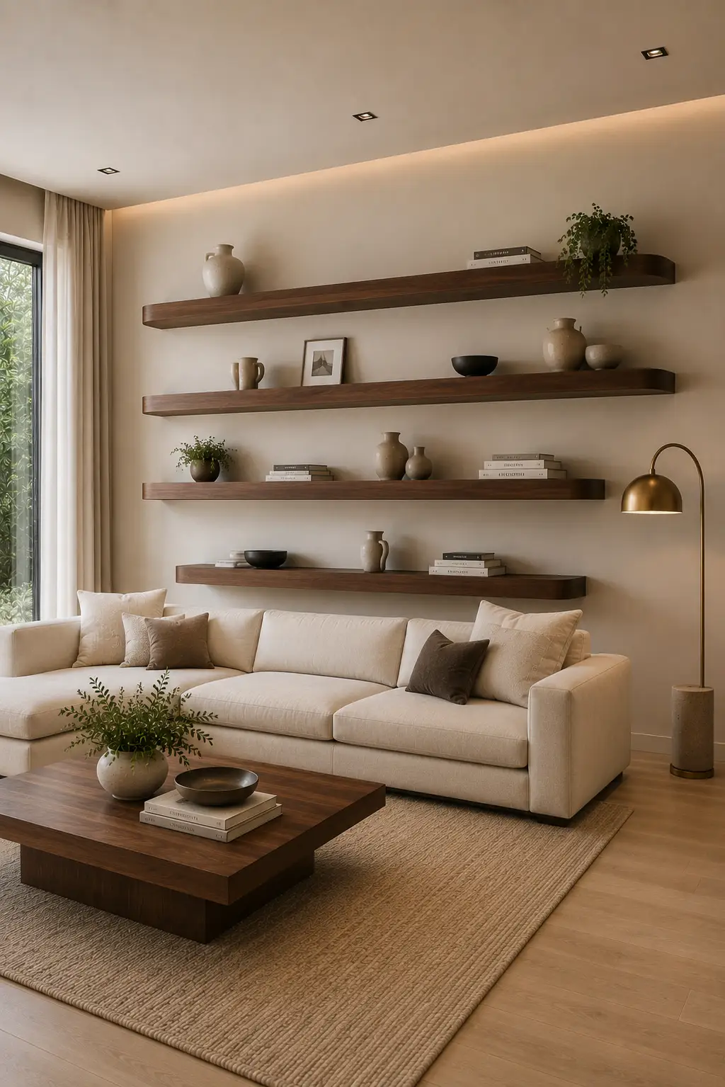 Refined modern living room featuring a full wall of long walnut floating shelves arranged in a carefully balanced horizontal composition. Multiple shelves extend across the warm neutral wall with consistent thickness, generous spacing, and concealed mounting for a clean architectural appearance. The shelves are styled with ceramic vessels, framed artwork, stacked books, sculptural objects, and small plants, while a cream sectional sofa, walnut coffee table, textured rug, modern floor lamp, and warm ambient lighting create a sophisticated designer-inspired home.