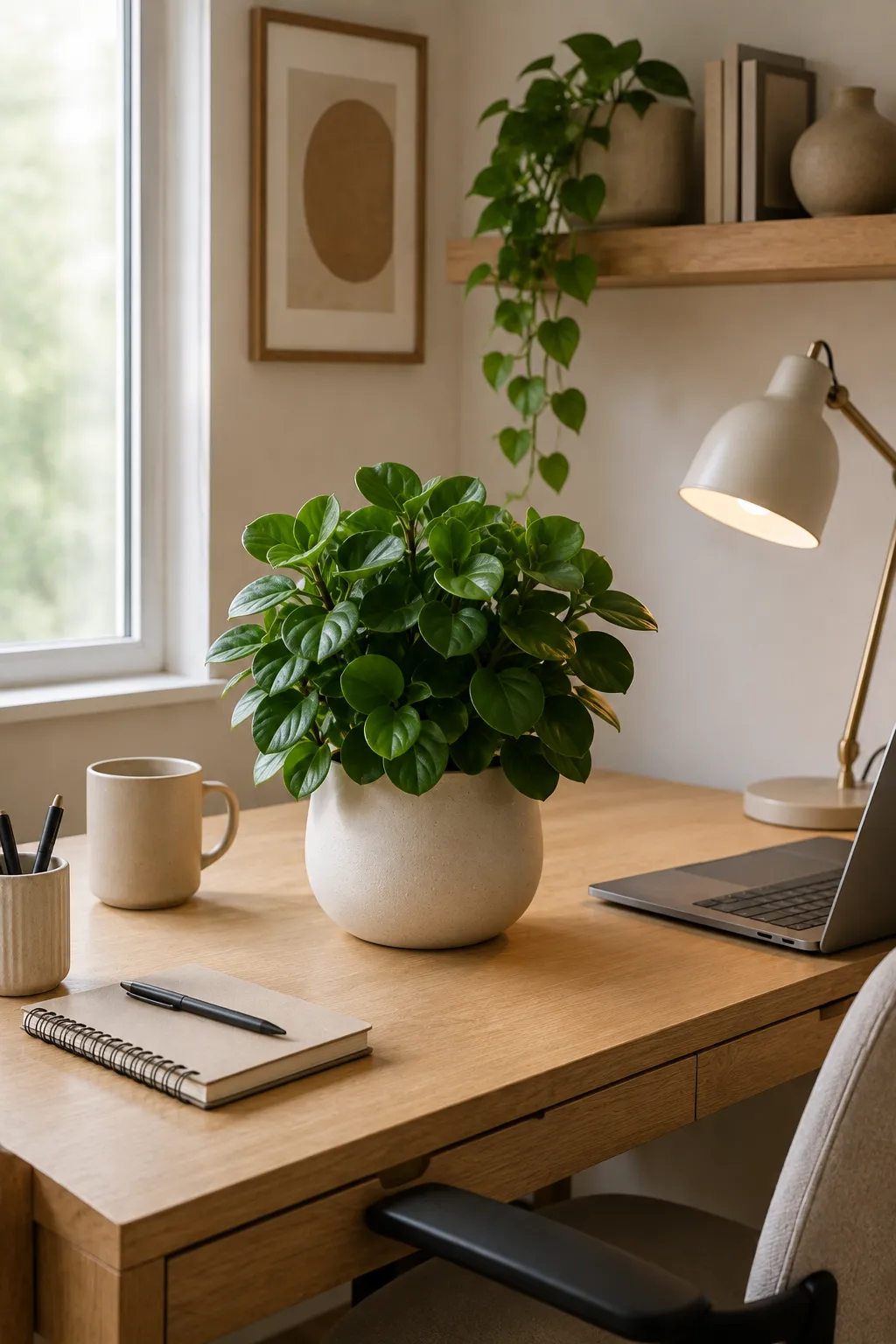 Compact Peperomia with dense glossy rounded green leaves in a rounded cream ceramic planter centered on a natural wood home office desk beside a laptop, notebook, pen holder, desk lamp, floating shelf, and trailing indoor plant.