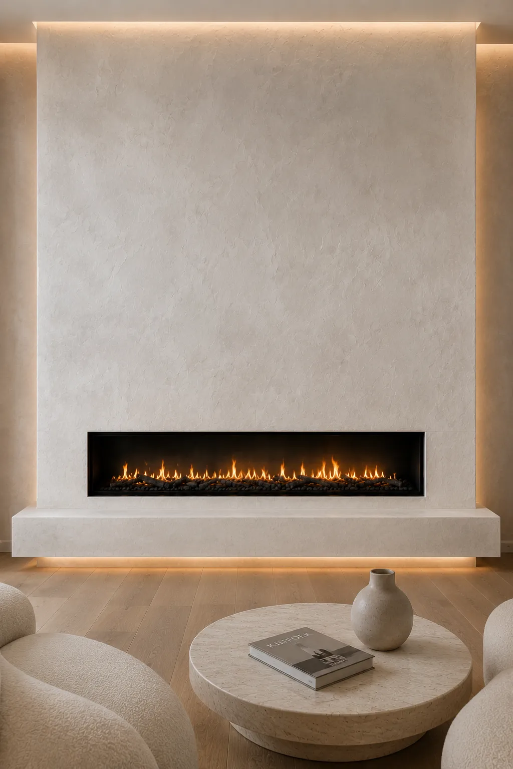 Floating limestone fireplace wall with concealed architectural halo lighting, seamless natural stone slabs, modern linear fireplace, floating stone hearth, elegant neutral décor, and a luxury contemporary living room with timeless designer appeal.