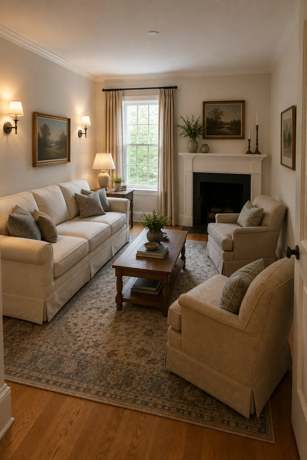 Small Joanna Gaines inspired living room arranged with a cream sofa and matching upholstered armchairs, classic white fireplace, narrow rustic wood coffee table, vintage floral area rug, neutral curtains, warm wall sconces, landscape paintings, greenery, and soft layered lighting.