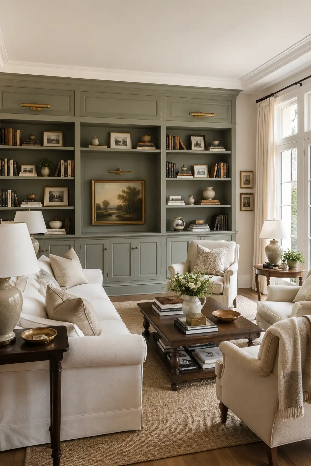 Refined Nancy Meyers inspired living room featuring muted sage gray built in bookshelves with picture lights, traditional landscape artwork, books and framed photographs, cream sofa and armchairs, dark wood coffee table, warm lamps, and a natural textured area rug.