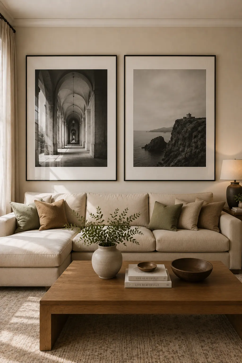 Editorial living room wall decor featuring two oversized black and white photographs with generous white matting and slim black frames above a cream sectional sofa, creating a sophisticated gallery inspired focal point.