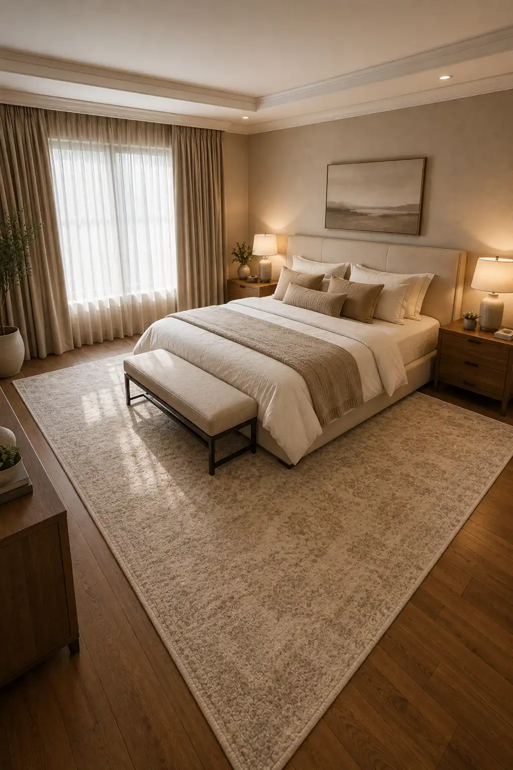 Elegant adult bedroom anchored by a generously sized neutral area rug extending beneath the cream upholstered bed and end bench, layered ivory and taupe bedding, warm wood nightstands, matching lamps, full curtains, and polished modern bedroom decor.