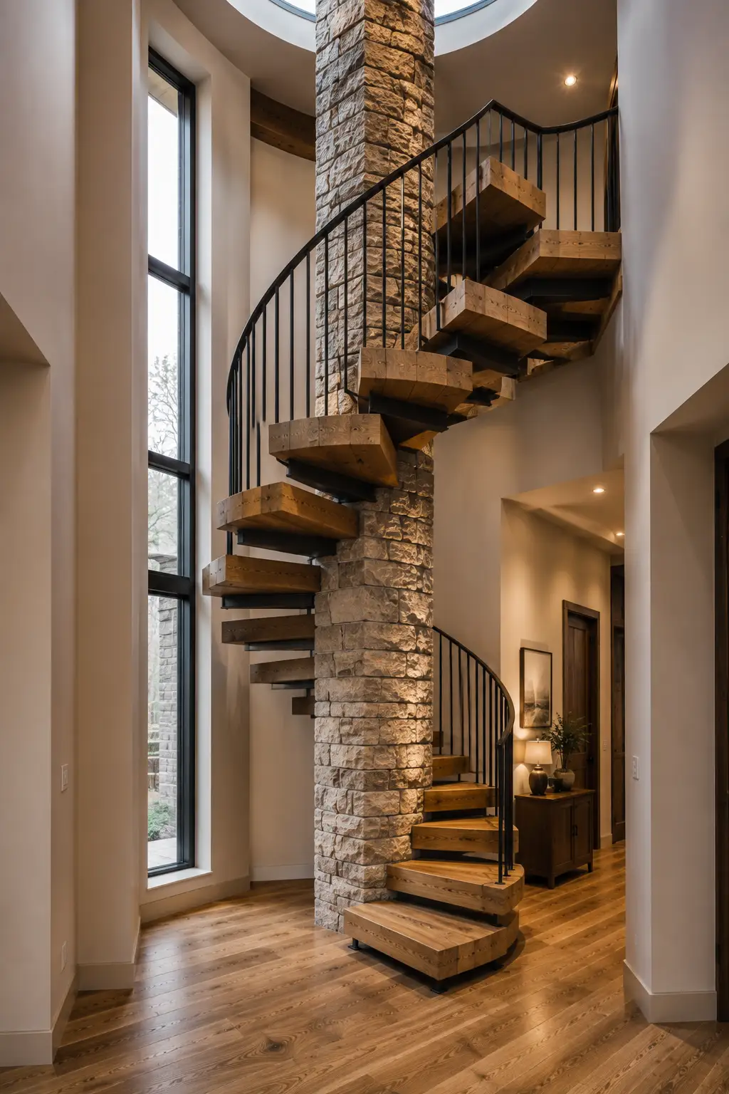 Statement spiral staircase in a tall modern home featuring thick natural timber treads wrapping around a substantial textured stone column, black metal curved railing, exposed stone masonry, warm wood flooring, large vertical windows, dramatic architectural height, and Minecraft inspired block style construction.