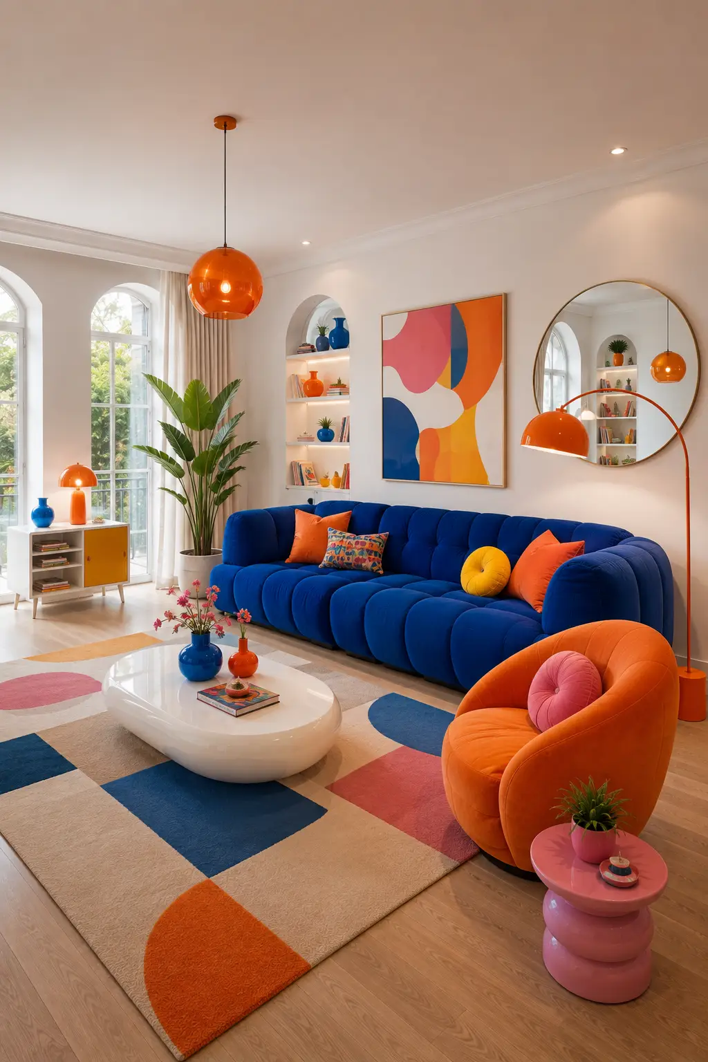 Bold Toca Boca inspired living room featuring a deep cobalt blue channel tufted sofa, vivid orange rounded lounge chair, white sculptural coffee table, cream area rug with blue, orange, pink, and geometric color blocks, oversized abstract wall artwork, large round wall mirror, orange pendant light, curved orange floor lamp, pink side table, colorful cushions, indoor plants, arched shelving, warm wood flooring, and a polished contemporary layout captured from a complete room perspective.