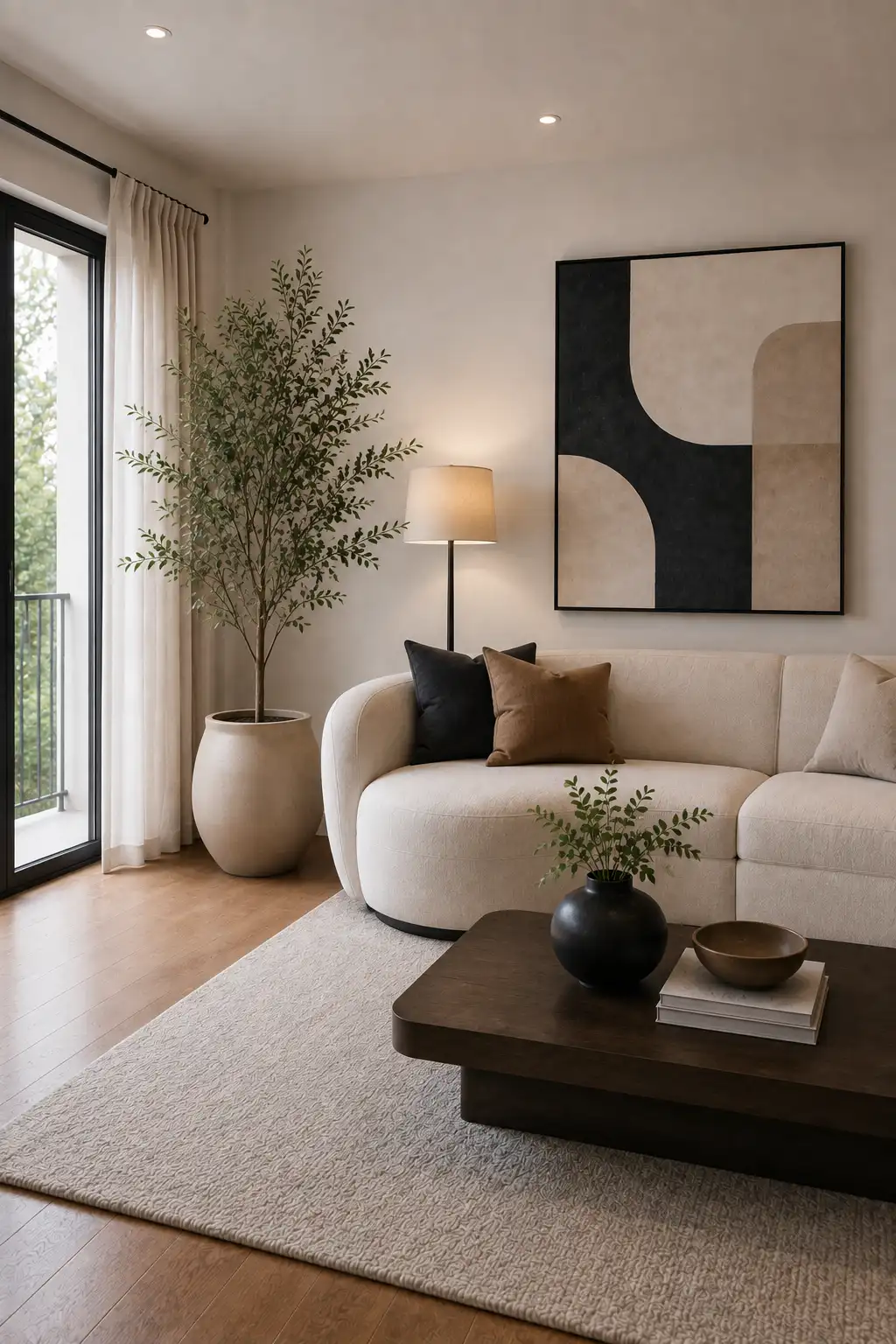 Modern living room featuring a tall realistic faux leafy tree in a large cream ceramic planter beside a curved neutral sofa, with a large abstract geometric artwork, warm floor lamp, dark coffee table, black decorative vase, soft textured rug, and natural wood flooring.