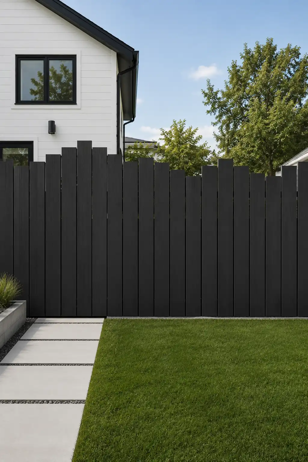 Stylish stepped privacy fence made from dark vertical boards with varied heights across the top edge, creating a modern architectural silhouette around a green backyard with concrete stepping stones, landscaped edges, and a contemporary white house.