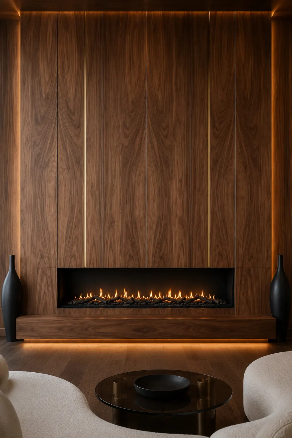 Rich walnut fireplace feature wall with premium wood veneer panels, frameless linear fireplace, floating walnut hearth, concealed warm LED lighting, elegant neutral furnishings, and a sophisticated contemporary living room showcasing timeless luxury interior design.