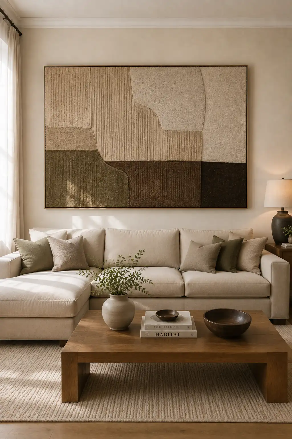 Sophisticated living room wall decor featuring oversized textured abstract artwork with layered geometric forms in cream, taupe, olive, brown, and charcoal above a neutral sectional sofa with warm wood furnishings.