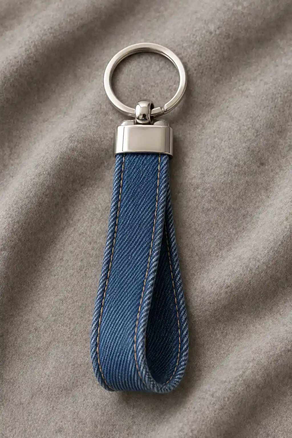A finished denim loop keychain made from folded blue denim fabric with visible contrasting gold stitching along the edges, featuring a rounded reinforced bottom and a polished silver metal end cap connected to a sturdy keyring, photographed on a soft gray fabric surface for a clean everyday accessory look.